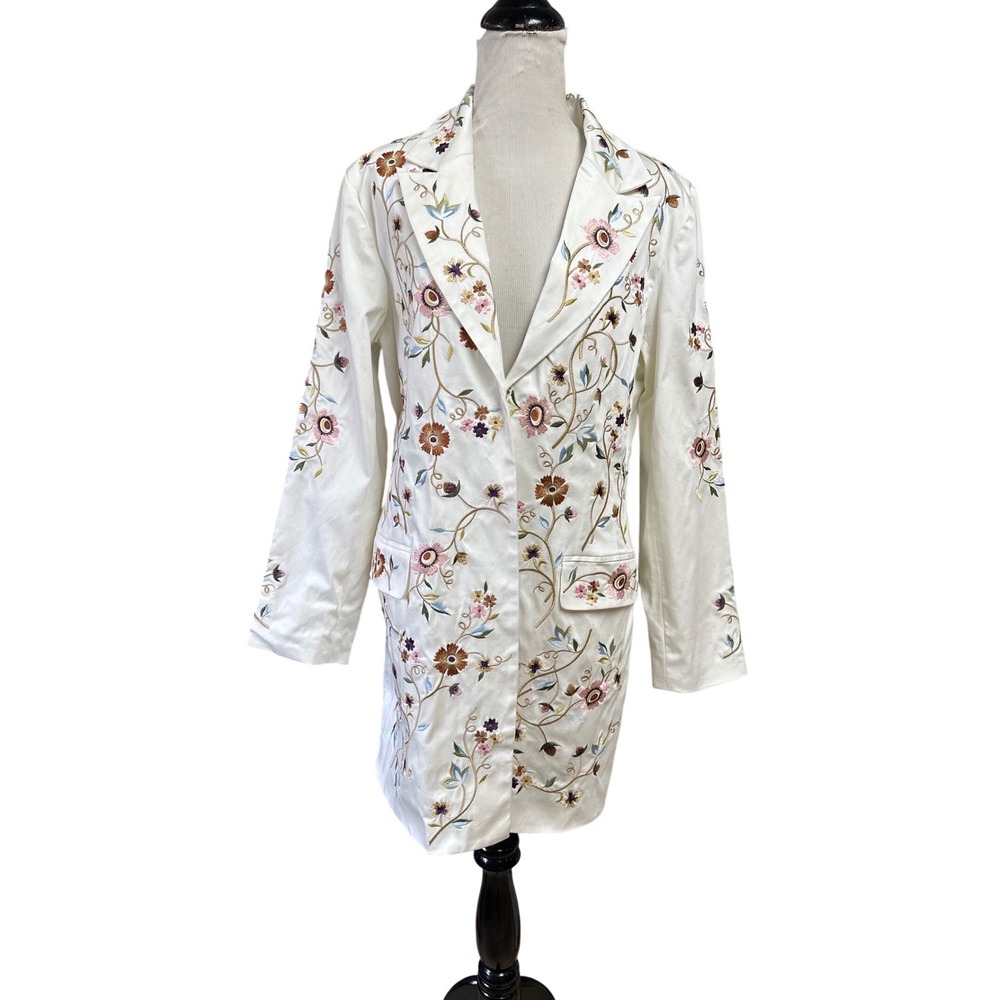 Blaine Trump Womens Floral Embroidered Longline Blazer Jacket White Medium